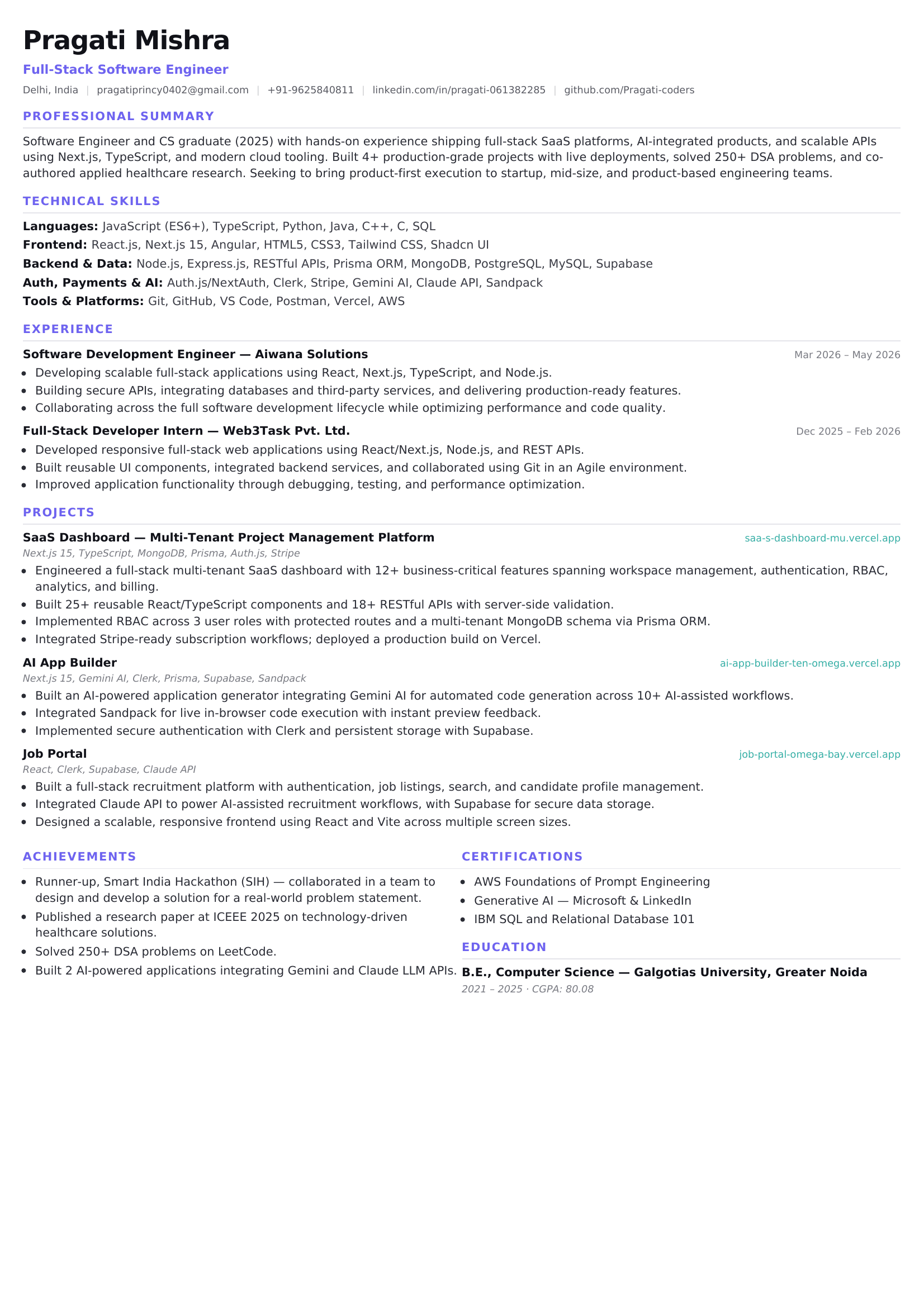 Preview of Pragati Mishra's resume